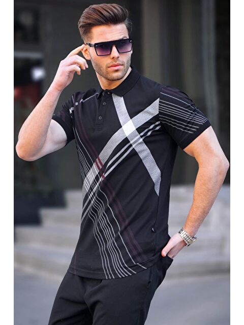 Madmext Siyah Desenli Polo Yaka Erkek Tişört 6079 - S000016034-19351
