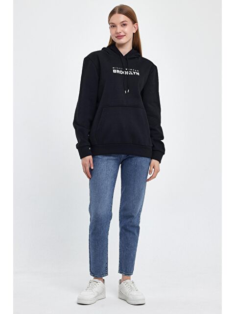 Süperlife Kadın Kapüşonlu Rahat Kalıp İçi Polarlı 3 iplik Wıllamsburg Brooklyn Baskılı Swetashırt spr24swk04 - S000079805-19351