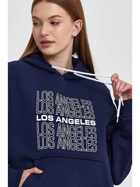 Süperlife Kadın Kapüşonlu Rahat Kalıp İçi Polarlı 3 iplik Los Angeles Baskılı SweatShırt spr24swK10 - S000079804-21164
