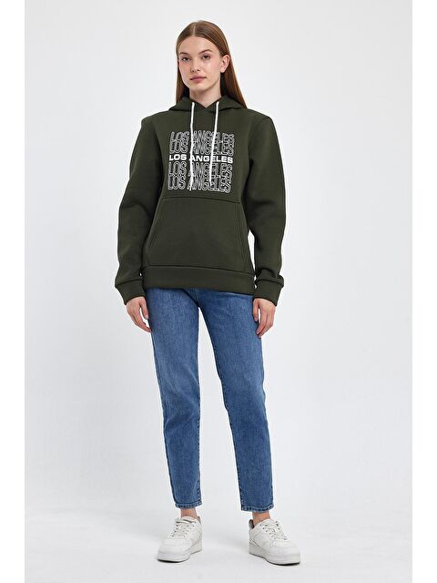 Süperlife Kadın Kapüşonlu Rahat Kalıp İçi Polarlı 3 iplik Los Angeles Baskılı SweatShırt spr24swK10 - S000079804-18547