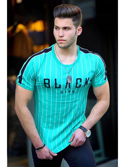 Madmext Baskılı Çizgili Yeşil %100 Pamuk Tişört 3083 - S000039628-18194