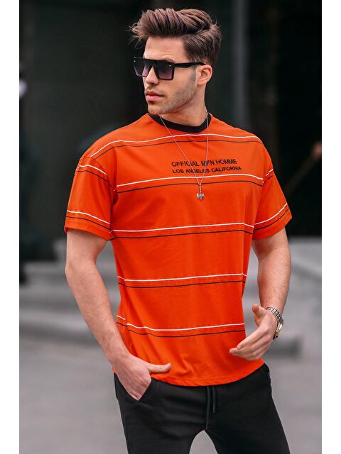 Madmext Bisiklet Yaka Turuncu Çizgili Standart Kalıp Erkek %100 Pamuk Tişört 6063 - S000015966-20013