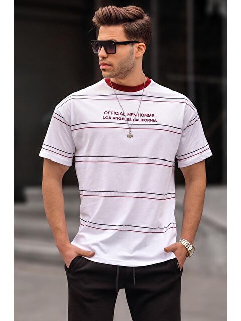 Madmext Bisiklet Yaka Beyaz Çizgili Regular Fit Erkek %100 Pamuk Tişört 6063 - S000015966-20063