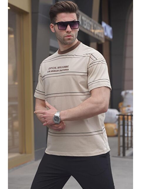 Madmext Bisiklet Yaka Bej Çizgili Standart Kalıp Erkek %100 Pamuk Tişört 6063 - S000015966-19928
