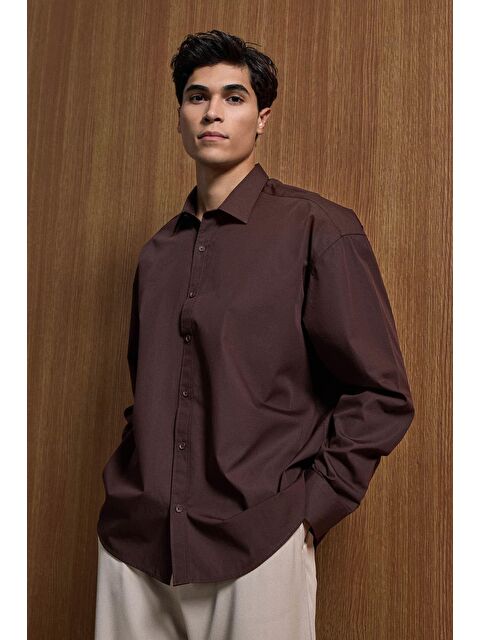 Abluka Online Erkek Oversize Uzun Kollu Basic Gömlek Kahverengi - S000491644-19413