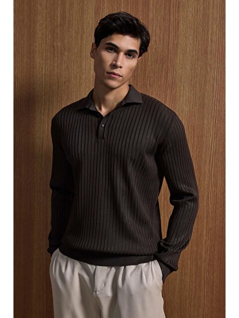 Abluka Online Erkek Slim Fit Polo Yaka Fitilli Örme Triko Kazak Kahverengi - S000493692-19413