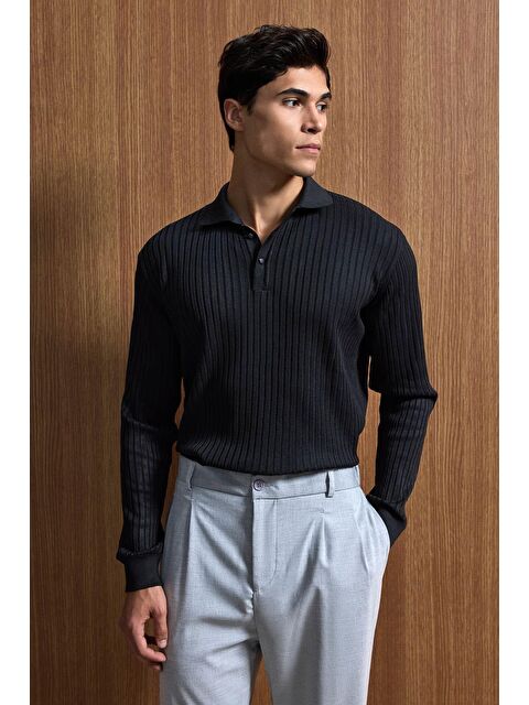 Abluka Online Erkek Slim Fit Polo Yaka Fitilli Örme Triko Kazak Siyah - S000493692-19351