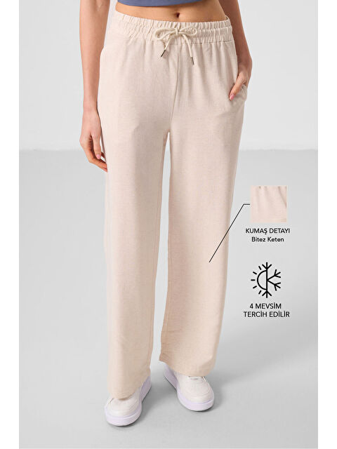 Tommylife Bej Keten Geniş Paça Rahat Form Kadın Palazzo Pantolon - 94675 - S000364963-19928