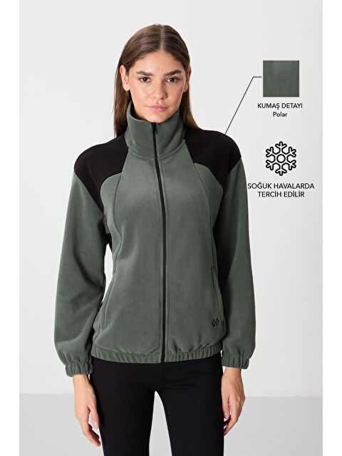 Tommylife Haki Kalın Yumuşak Dokulu Dik Yaka Oversize Nakışlı Polar Kadın Sweatshirt - 97293 - S000332333-18547