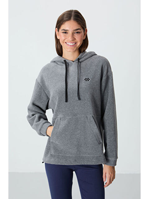 Tommylife Gri Melanj Kalın Yumuşak Dokulu Hoodie Oversize Nakışlı Polar Kadın 97292 - S000332336-74