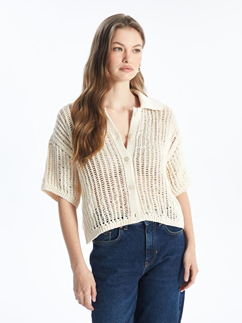 Dexia Verona - Ajurlu Gömlek Yaka Kısa Kol Relax Fit Triko Gömlek - Ekru renk - S000153685-19965