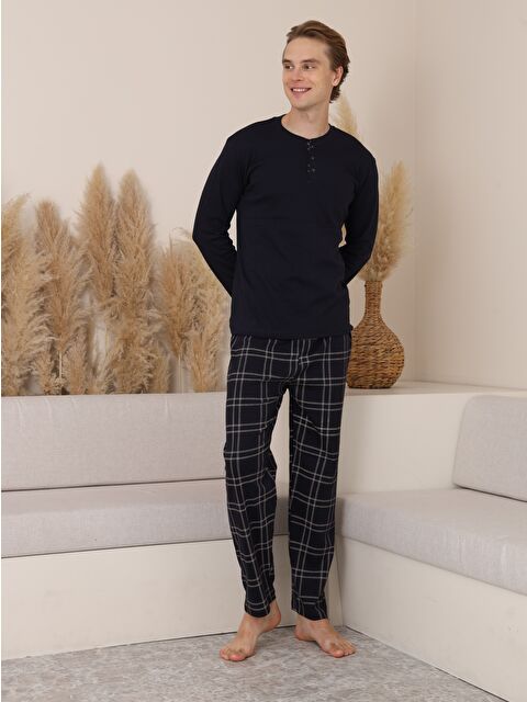 Formo Erkek %100 Doğal Pamuk Ekoseli Düğmeli Uzun Kol Kaliteli Pijama Takımı - S000500134-37287