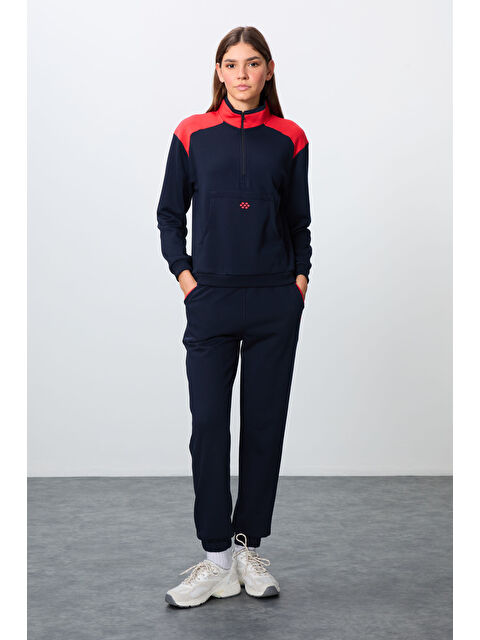 Tommylife İndigo Kompakt Pamuklu Kalın Pürüzsüz Dokulu Dik Yaka Oversize Fit Kadın Eşofman Takım - 95342 - S000332326-23093