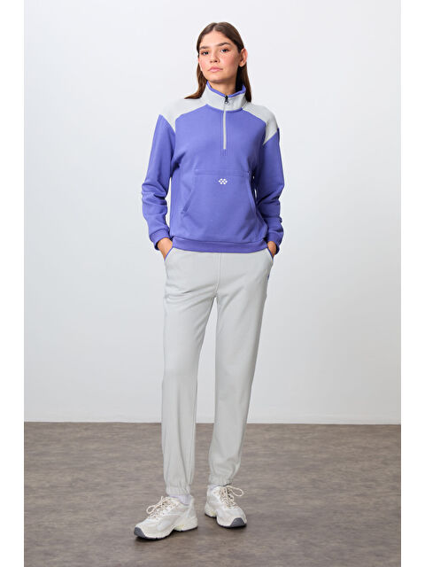 Tommylife Eflatun-Taş Kompakt Pamuklu Kalın Pürüzsüz Dokulu Dik Yaka Oversize Fit Kadın Eşofman Takım - 95342 - S000332326-37492