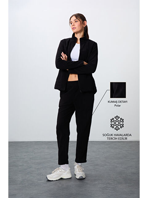 Tommylife Siyah Kalın Yumuşak Dokulu Dik Yaka Oversize Nakışlı Polar Kadın Eşofman Takım -95339 - S000332322-19351