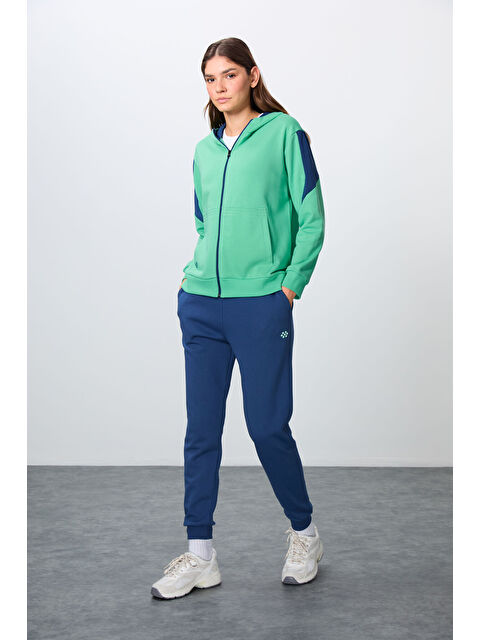 Tommylife Su Yeşili Parlament Kompakt Pamuklu Kalın Pürüzsüz Dokulu Kapüşonlu Oversize Fit Kadın Eşofman Takım