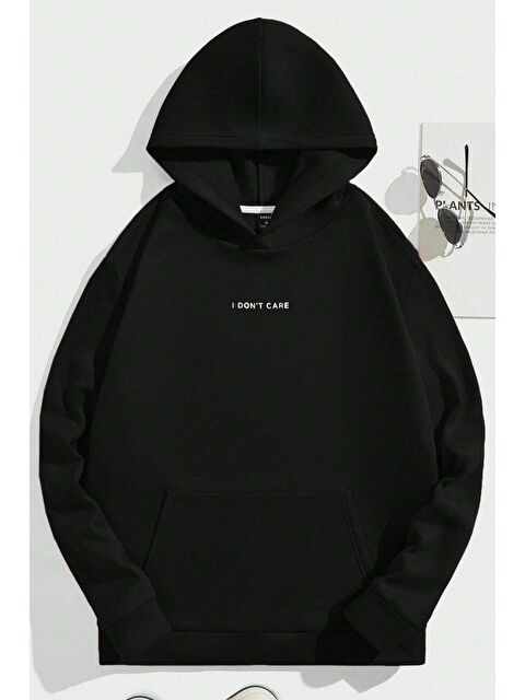 Trendseninle Kadın 3 İplik Siyah Oversize I Dont Care Baskılı Kapüşonlu Sweatshirt Hoodie - S000316782-19351
