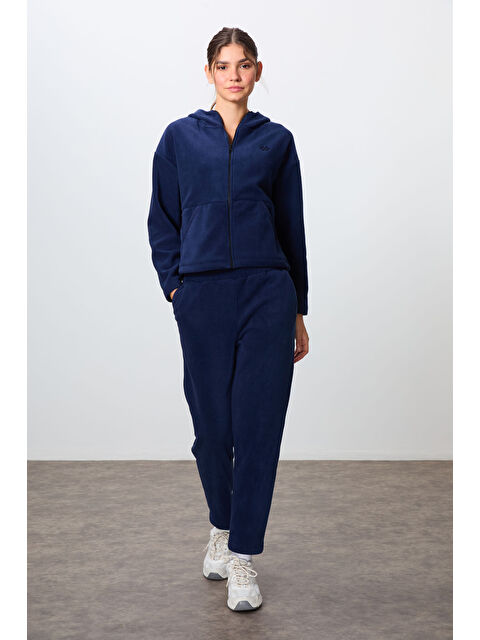 Tommylife Lacivert Kalın Yumuşak Dokulu Kapüşonlu Oversize Nakışlı Polar Kadın Eşofman Takım  95338 - S000332323-21164