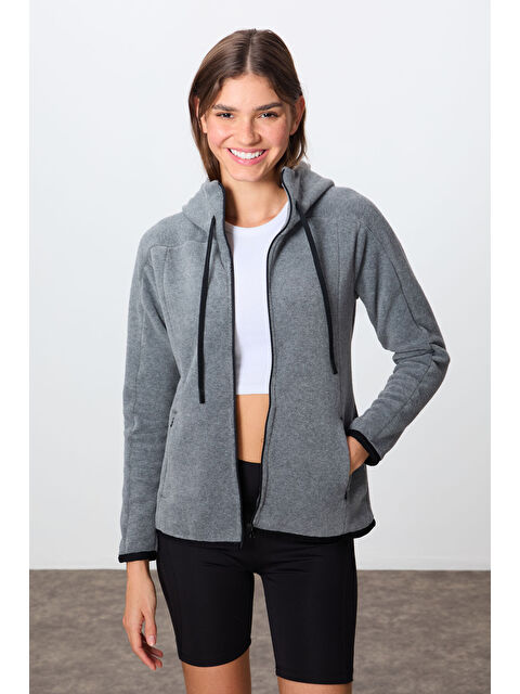 Tommylife Gri Melanj Kalın Yumuşak Dokulu Kapüşonlu Standart Fit Nakışlı Polar Kadın Sweatshirt  97287 - S000332328-74