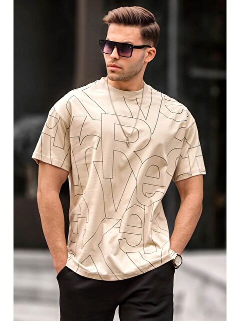 Madmext Erkek Bej Harf Desenli Bisiklet Yaka  %100 Pamuk Tişört 6061 - S000016087-19928