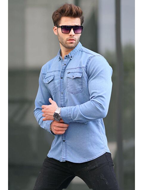 Madmext Buz Mavisi Rahat Kalıp Gabardin Erkek Gömlek 6810