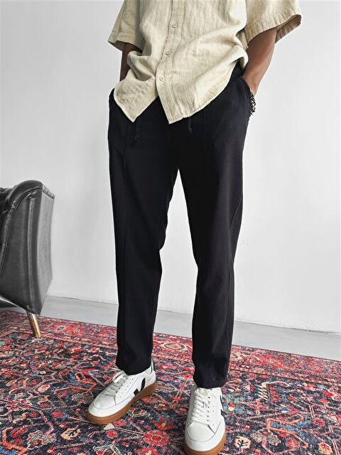 Abluka Online Boyfriend Kalıp Keten Görünümlü Erkek %100 Pamuk Pantolon Siyah - S000036822-19351