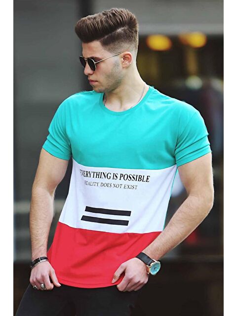 Madmext Renk Bloklu Baskılı Yeşil %100 Pamuk Tişört 3071 - S000039651-18194