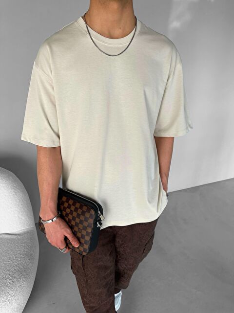 Abluka Online Erkek Oversize Basic %100 Pamuk Tişört Bej - S000033590-19928