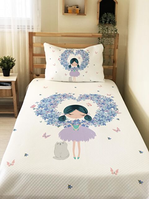 Evmila Kalp Ve Kız Desenli Baskılı Çocuk Tek Kişilik Pike Takımı Beyaz - S000041140-23173