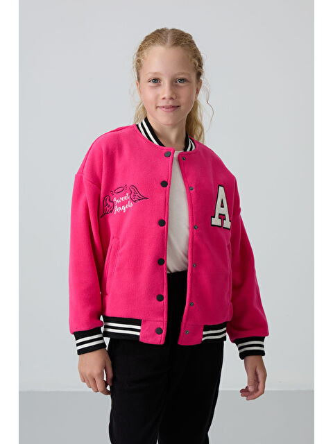 Tommylife Fuşya Kalın Yumuşak Dokulu Standart Fit Nakışlı Polar Kız Çocuk Kolej Ceket - 75156 - S000330287-18686