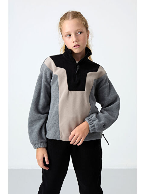 Tommylife Gri Melanj Kalın Yumuşak Dokulu Oversize Nakışlı Polar Kız Çocuk Sweatshirt - 75153 - S000330315-74