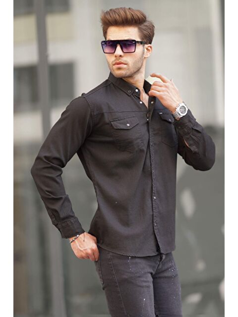 Madmext Siyah Rahat Kalıp Gabardin Erkek %100 Pamuk Gömlek 6810 - S000039735-19351