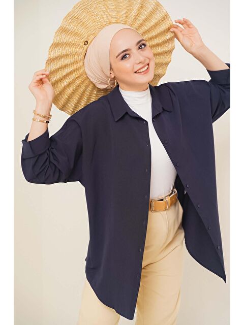 Bigdart 103901 Oversize Basic Tesettür Gömlek - Lacivert - S000089781-21164