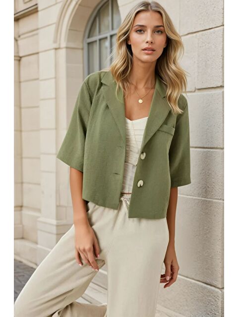 Hazelin Kadın Haki Kısa Kollu Şal Yaka Düğmeli Mevsimlik Keten Ayrobin Ceket HZL24S-BD107061 - S000208138-18547