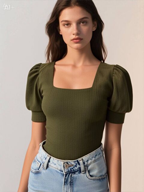 Hazelin Kadın Haki Kare Yaka Örme Bluz Hzl22w-bd104091 - S000030733-18547