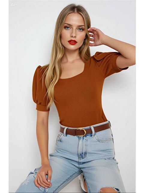 Hazelin Kadın Taba Kare Yaka Örme Bluz HZL22W-BD104091 - S000030733-37454