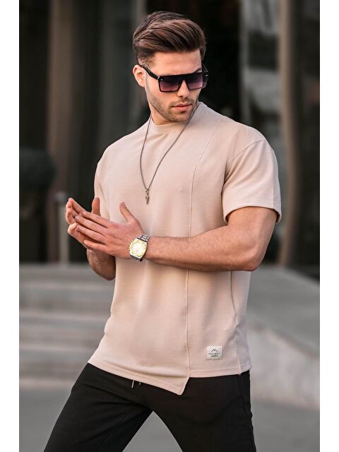 Madmext Bej Regular Fit Asimetrik Kesim Erkek Tişört 6072 - S000016083-19928