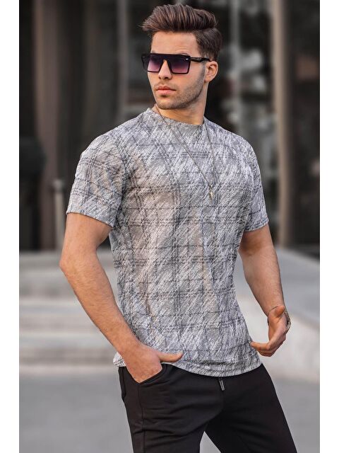 Madmext Gri Desenli Bisiklet Yaka Erkek Tişört 6070 - S000016093-20600