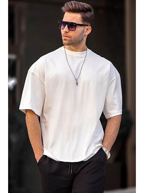 Madmext Erkek Ekru Oversize Fit Basic Tişört 6066