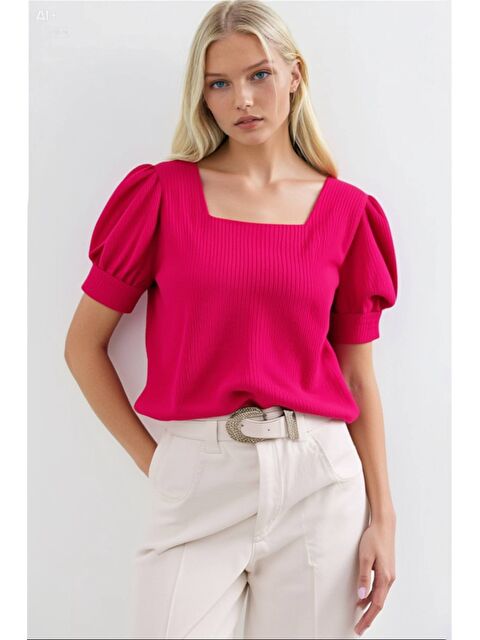 Hazelin Kadın Fuşya Kare Yaka Örme Bluz HZL22W-BD104091 - S000030733-18686