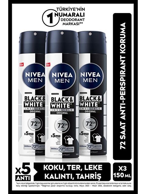 NIVEA MEN Erkek Sprey Deodorant Black&White Invisible Original 150ml, 72 Saat Anti-perspirant, X3 Adet - S000113101-26865