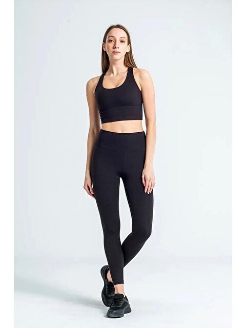 Black Deer Yüksek Bel Geniş Kemer Toparlayıcı Sıkılaştırıcı Dalgıç Kumaş Günlük Spor Kadın Tayt Siyah - S000064512-19351