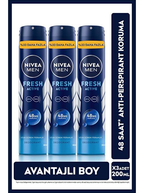 NIVEA MEN Erkek Sprey Deodorant Fresh Active,48 Saat Deodorant Koruması 200mlx3Adet - S000120105-26865