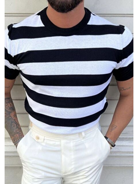Tarz Cool Erkek Bisiklet Yaka Çizgili Triko Tişört - S000147079-37246
