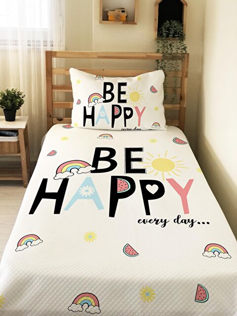 Evmila Be Happy Yazı Desenli Baskılı Çocuk Tek Kişilik Pike Takımı Beyaz - S000041146-23173