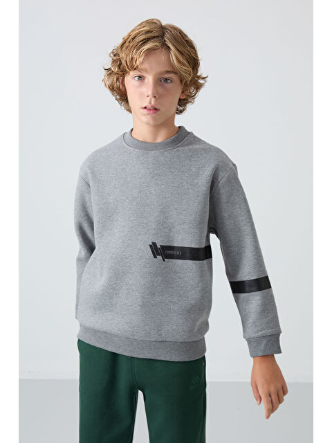 Tommylife Gri Melanj Pamuklu Kalın İçi Tüylü Yumuşak Dokulu Standart Fit Baskılı Erkek Çocuk Sweatshirt - 112 - S000330267-74