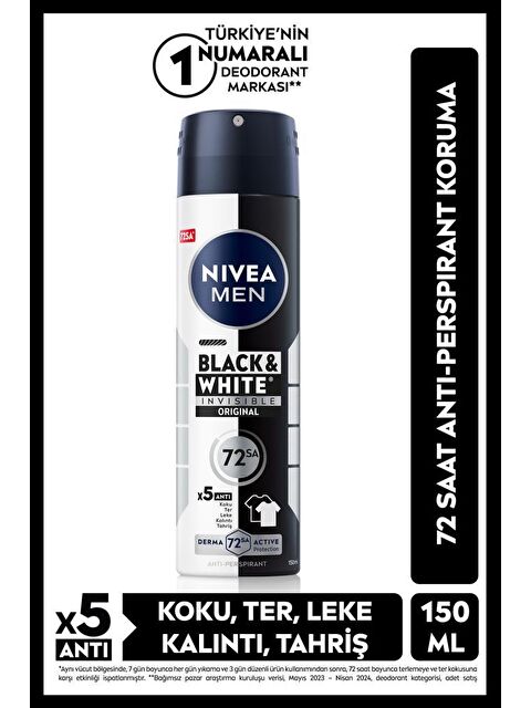 NIVEA MEN Erkek Sprey Deodorant Black&White Invisible Original 150ml, 72 Saat Anti-perspirant Ter Koruması - S000112754-26865