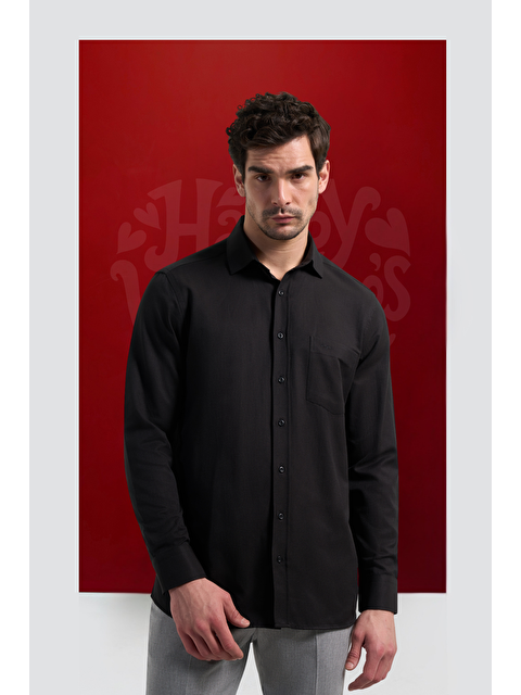 İMZA Siyah Sert Yaka Düz Classic Pamuklu Comfort Fit Gömlek 1004250213 - S000357346-19351