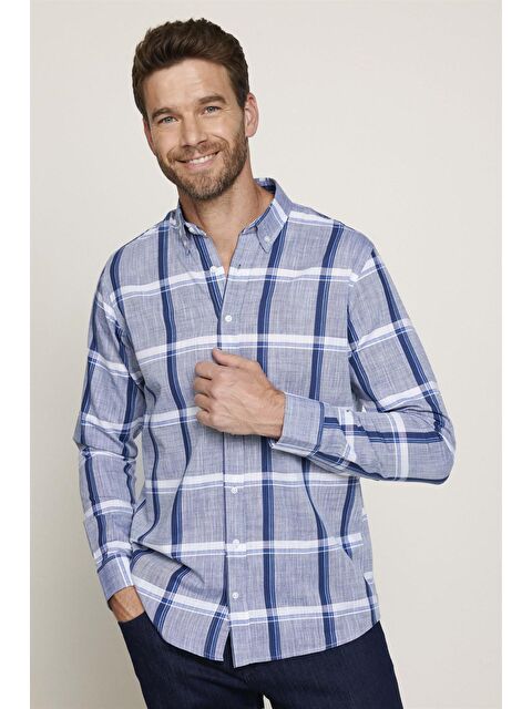 TUDORS Klasik Fit Uzun Kol Ketenli Ekose Erkek Gömlek