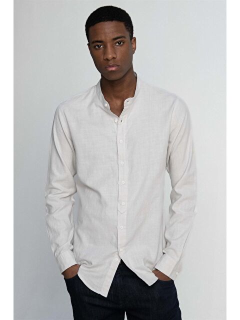 TUDORS Slim Fit Dar Kalıp Uzun Kol Hakim Yaka Pamuklu Keten Efekt Gri Gömlek